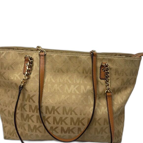 Michael Kors EW Gold Signature Canvas Leather Chain Shoulder Bag Purse Designer - Picture 2 of 12